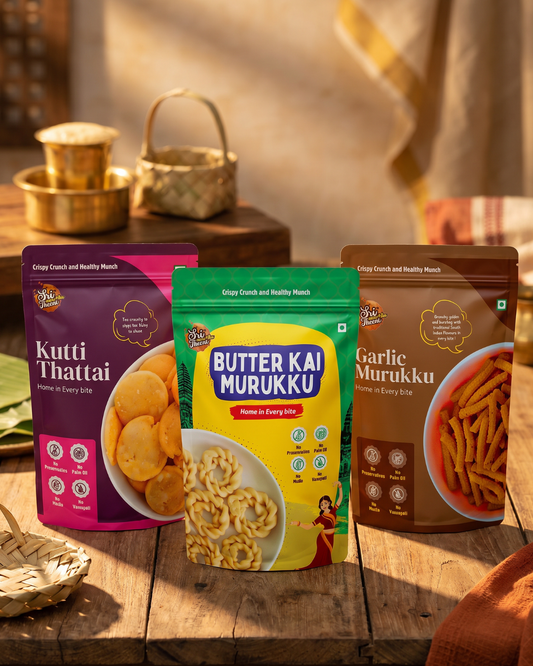 Butter Kai Murukku, Kutti Thattai & Garlic Murukku Combo Pack of 3
