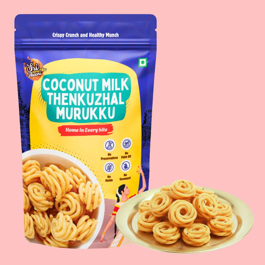 Packaging of Coconut Milk Thenkuzhal Murukku with snacks on a pink background