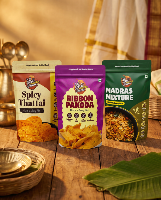 Madras Mixture, Ribbon Pakoda & Spicy Thattai Combo Pack of 3 (450g)