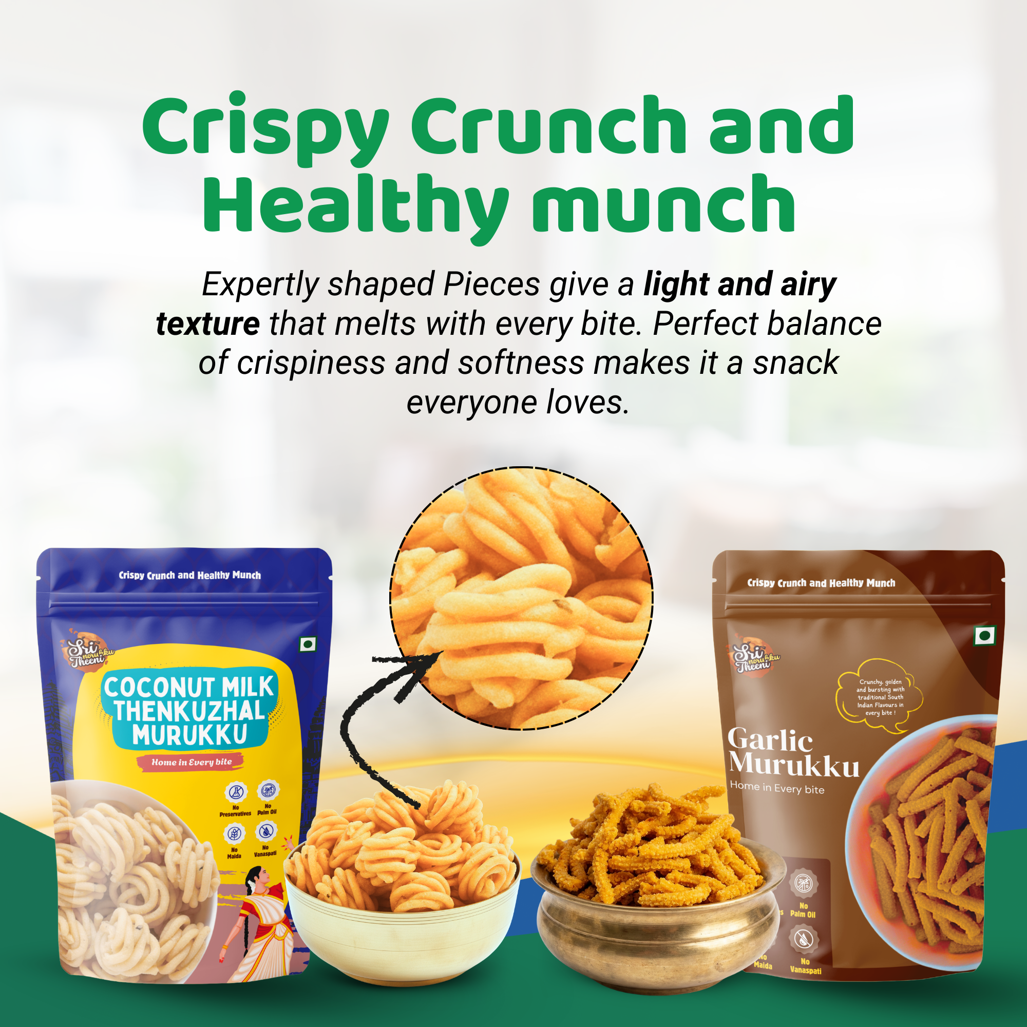 Sri Norukku Theeni Murukku Snacks Combo Pack of 4 (200g) – South Indian Snacks Variety | Coconut Milk Thenkuzhal, Onion Murukku, Garlic Murukku, Kutti Thattai | No Maida | No Preservatives