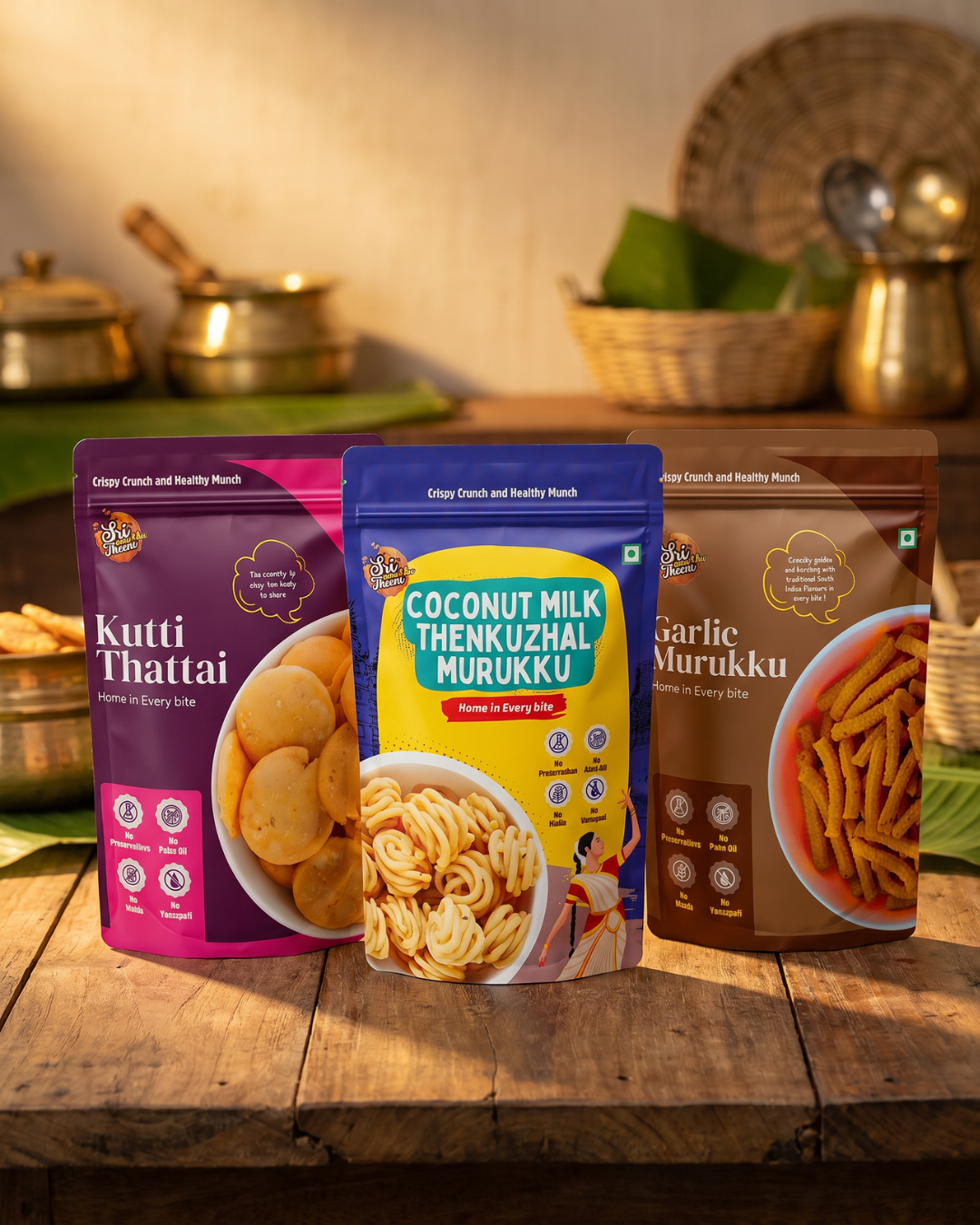 Coconut Milk Murukku, Kutti Thattai & Garlic Murukku Combo Pack of 3