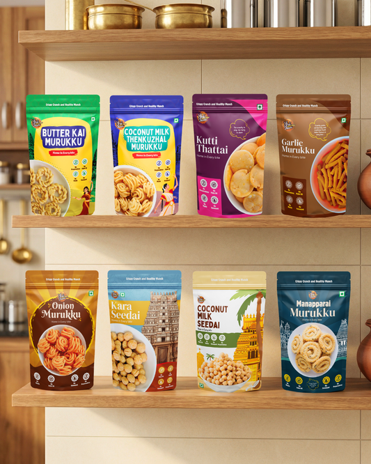 Combo Pack of 8 (1200g) with Traditional Murukku, Seedai & Thattai