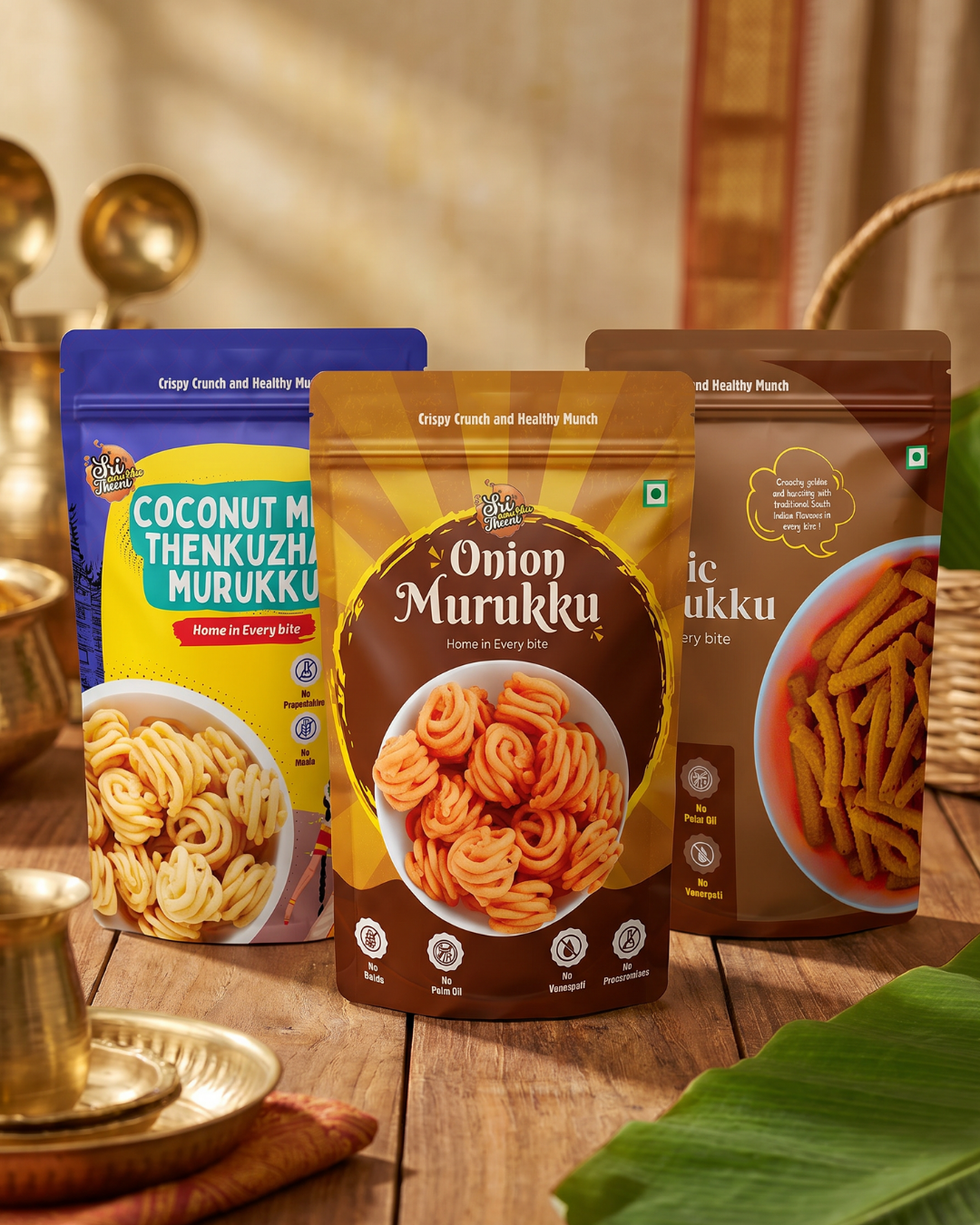 Coconut Milk Murukku, Onion Thenkuzhal Murukku & Garlic Murukku Combo Pack of 3