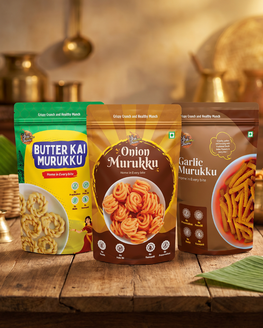 Butter Kai Murukku, Onion Thenkuzhal Murukku & Garlic Murukku Combo Pack of 3