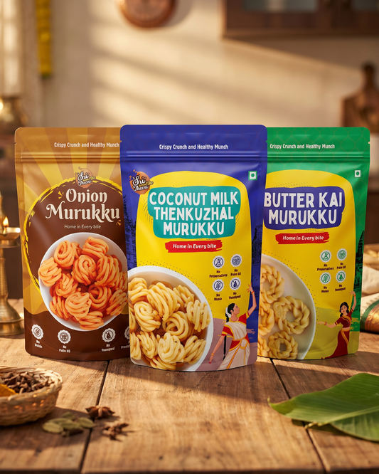 Butter Kai Murukku, Coconut Milk Murukku & Onion Thenkuzhal Murukku Combo Pack of 3