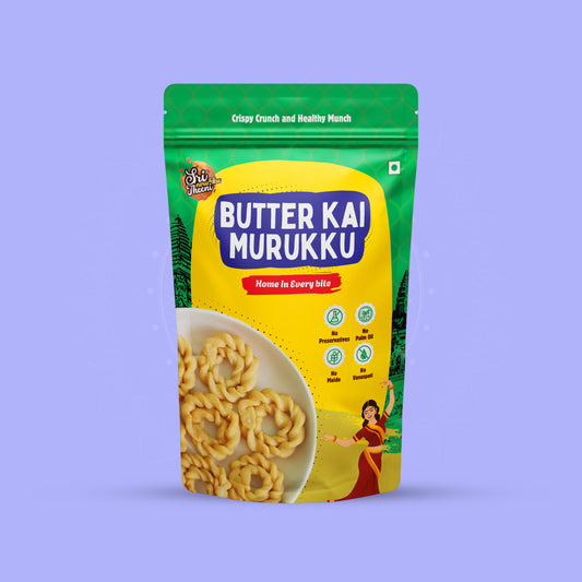Packaging of Butter Kai Murukku on a purple background