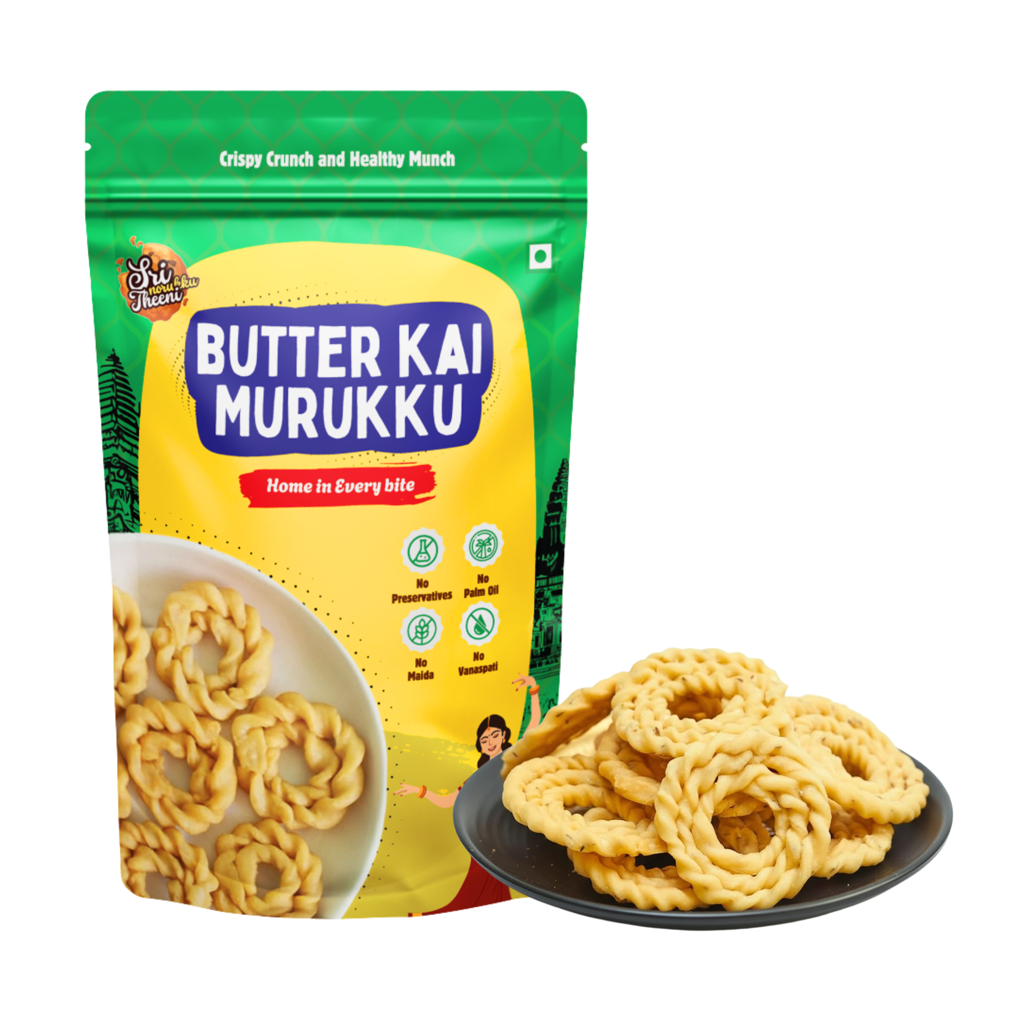 Butter Kai Murukku packaging with murukku snacks on a white background