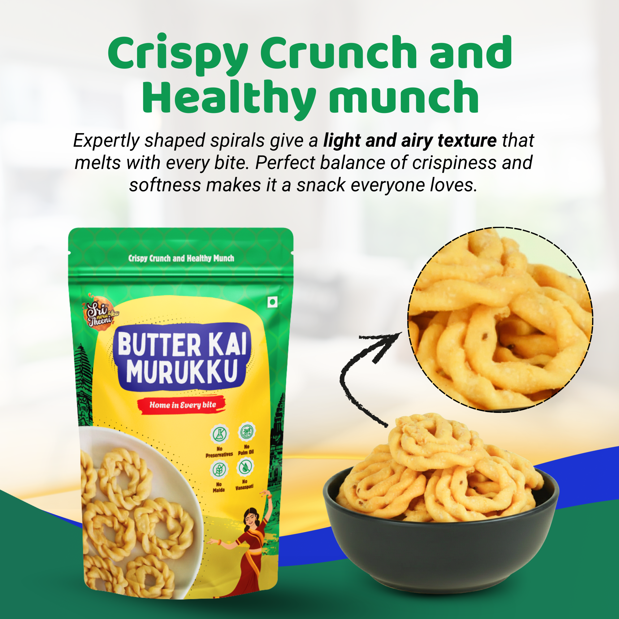 Butter Kai Murukku packaging with text about the snack's texture and appeal.