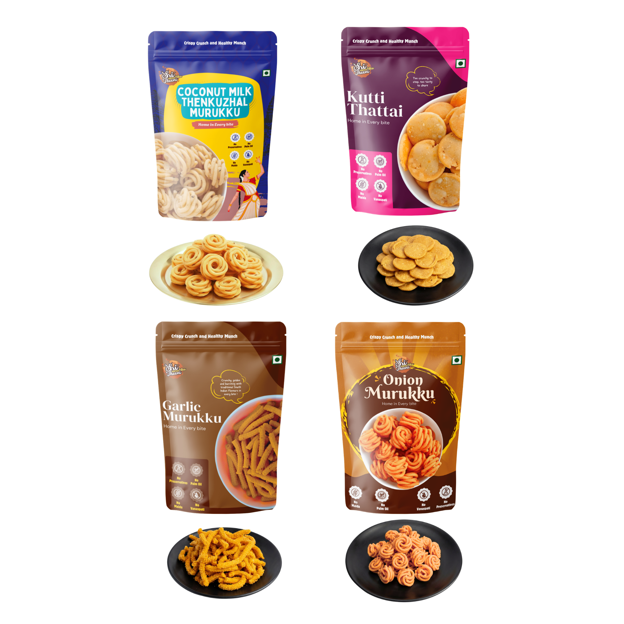 Sri Norukku Theeni Murukku Snacks Combo Pack of 4 (200g) – South Indian Snacks Variety | Coconut Milk Thenkuzhal, Onion Murukku, Garlic Murukku, Kutti Thattai | No Maida | No Preservatives