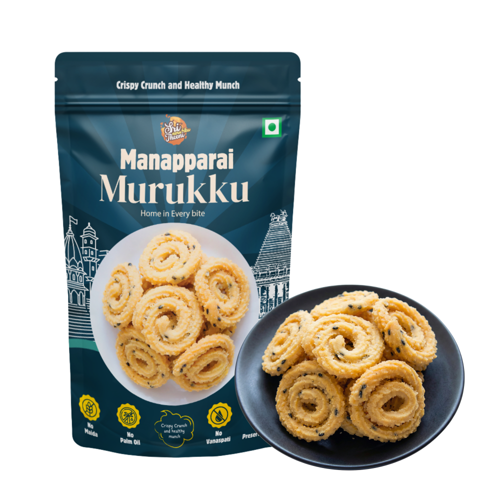 Sri Norukku Theeni Manapparai Murukku 150g | Traditional South Indian Tea Time Snacks| Made with Rice Flour, Fried Gram Flour & Sesame | No Maida, Palm Oil Free | Healthy Snacks for Adults