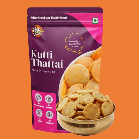 Packaging of Kutti Thattai snacks with a purple and pink design on an orange background