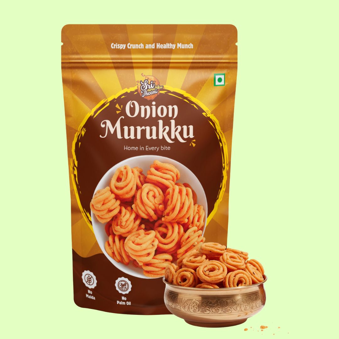 Packaging of Onion Murukku with a bowl of snacks on a light green background