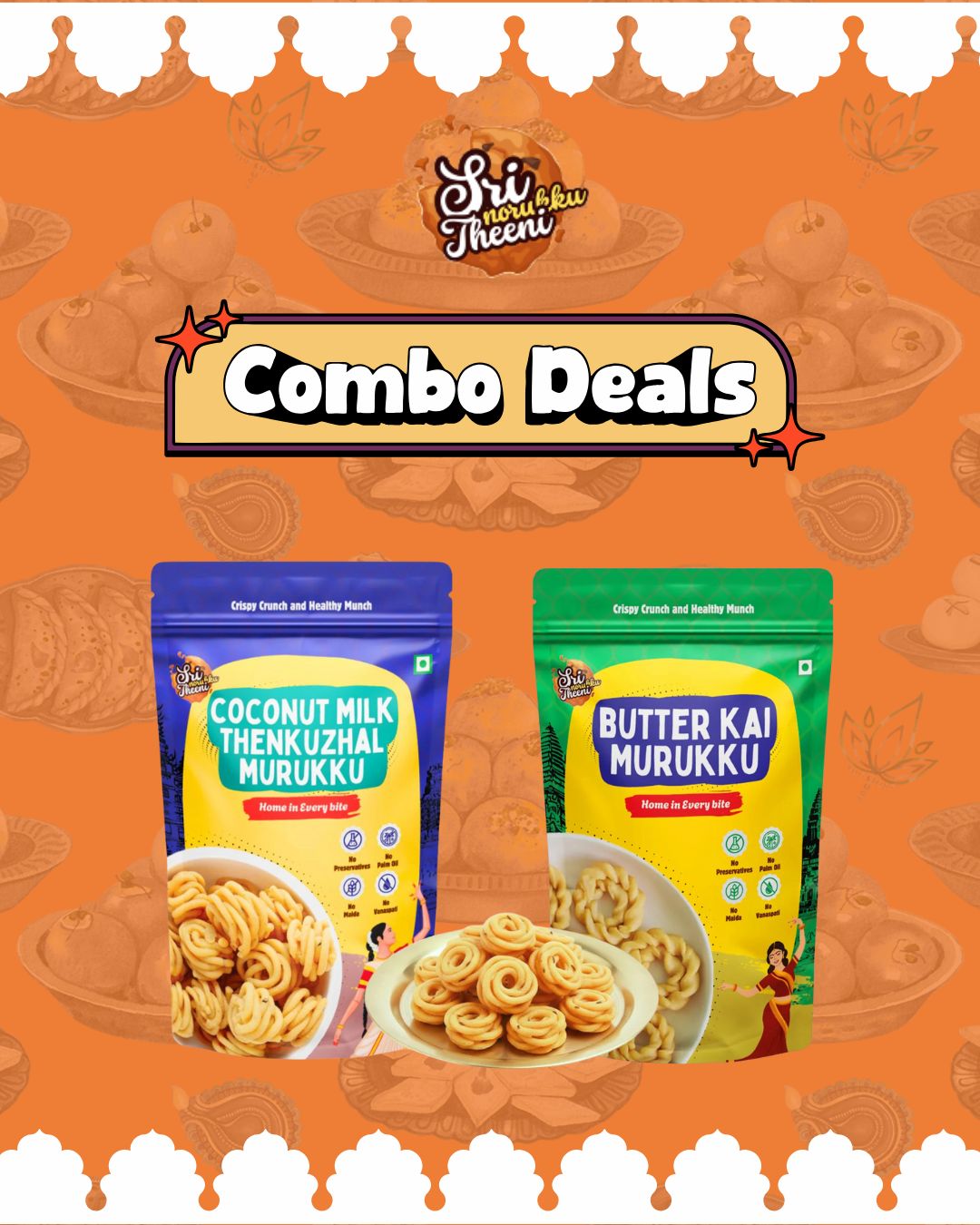 Coconut Milk Thenkuzhal Murukku & Butter Kai Murukku Combo Pack of 2 (300g)