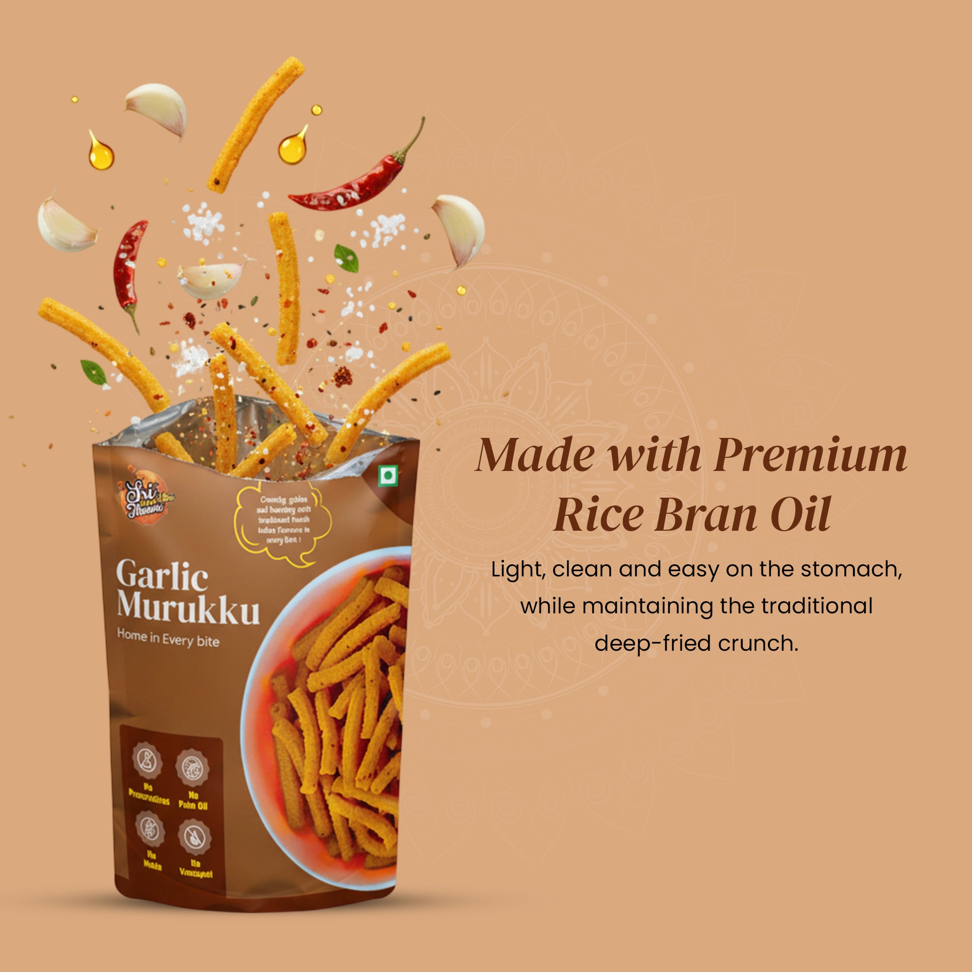 Garlic Murukku packaging with ingredients and text on a brown background