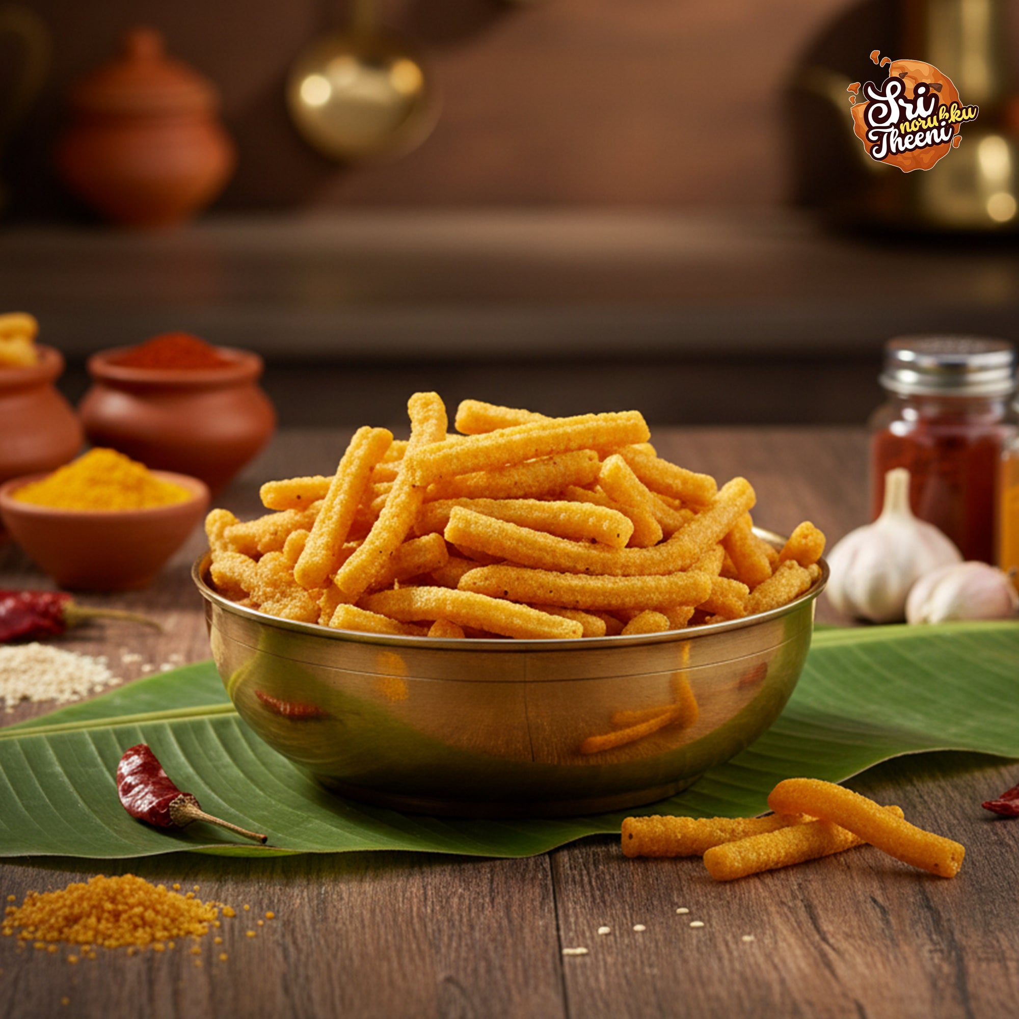 Bowl of yellow snack sticks on a wooden table with spices and a brand logo in the background.