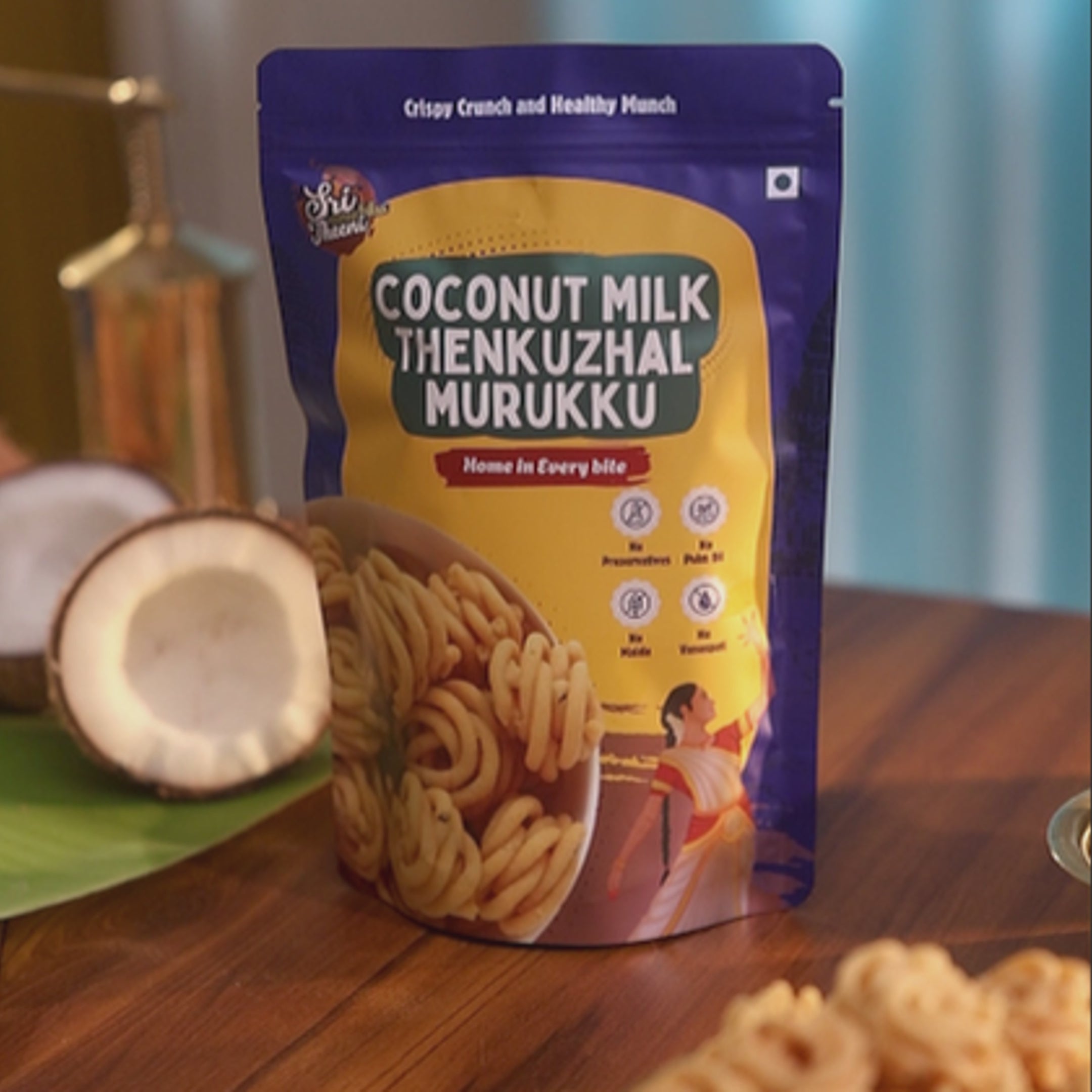 Sri Norukku Theeni Murukku Snacks Combo Pack of 4 (200g) – South Indian Snacks Variety | Coconut Milk Thenkuzhal, Onion Murukku, Garlic Murukku, Kutti Thattai | No Maida | No Preservatives