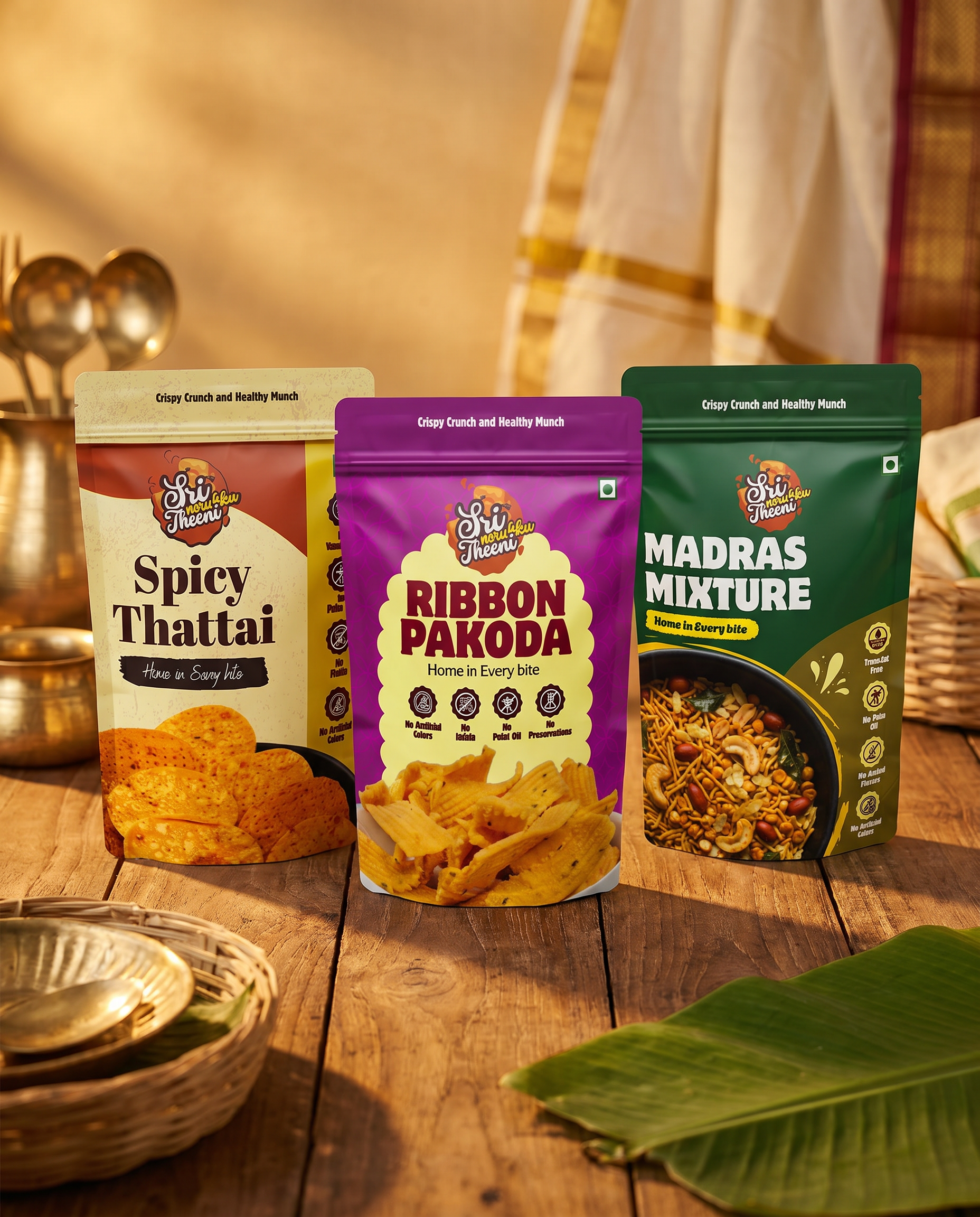 Madras Mixture, Ribbon Pakoda & Spicy Thattai Combo Pack of 3 (450g)